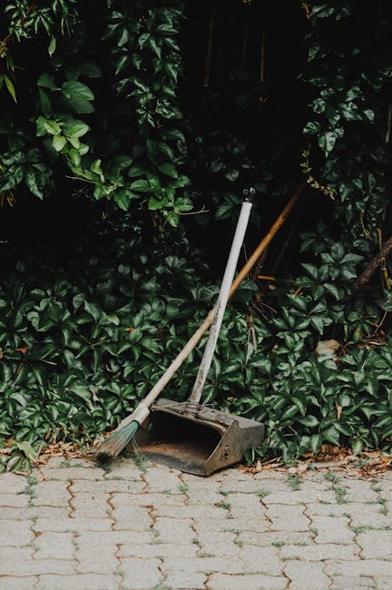 A broom with a long wooden handle and grey bristles, leaning against a red wooden fence in a garden setting. The ground is covered with black asphalt and scattered dry leaves. The fence is composed of